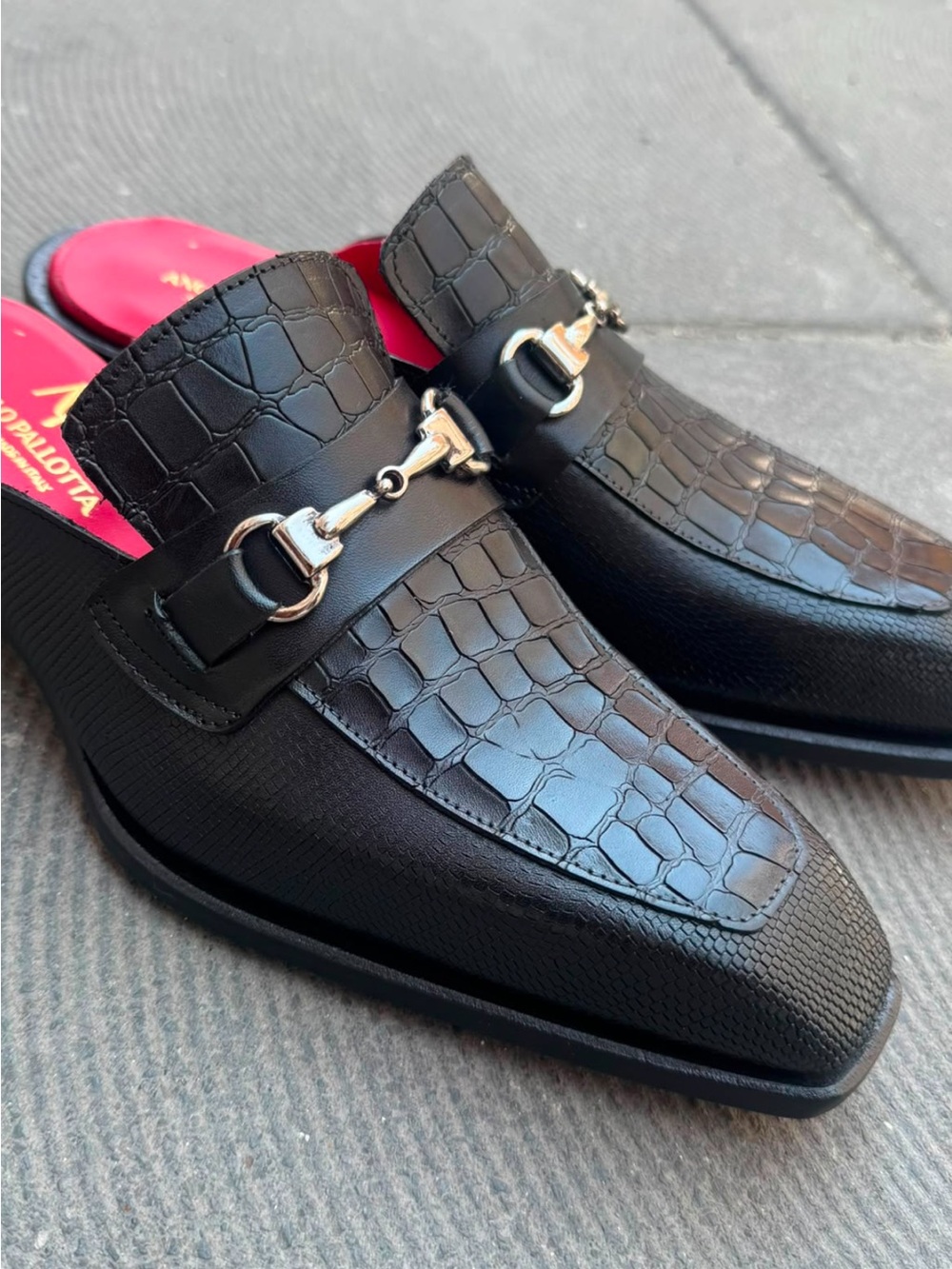 Men's Black Croc-Embossed Leather mule slip On Loafers - Picture 4 of 4